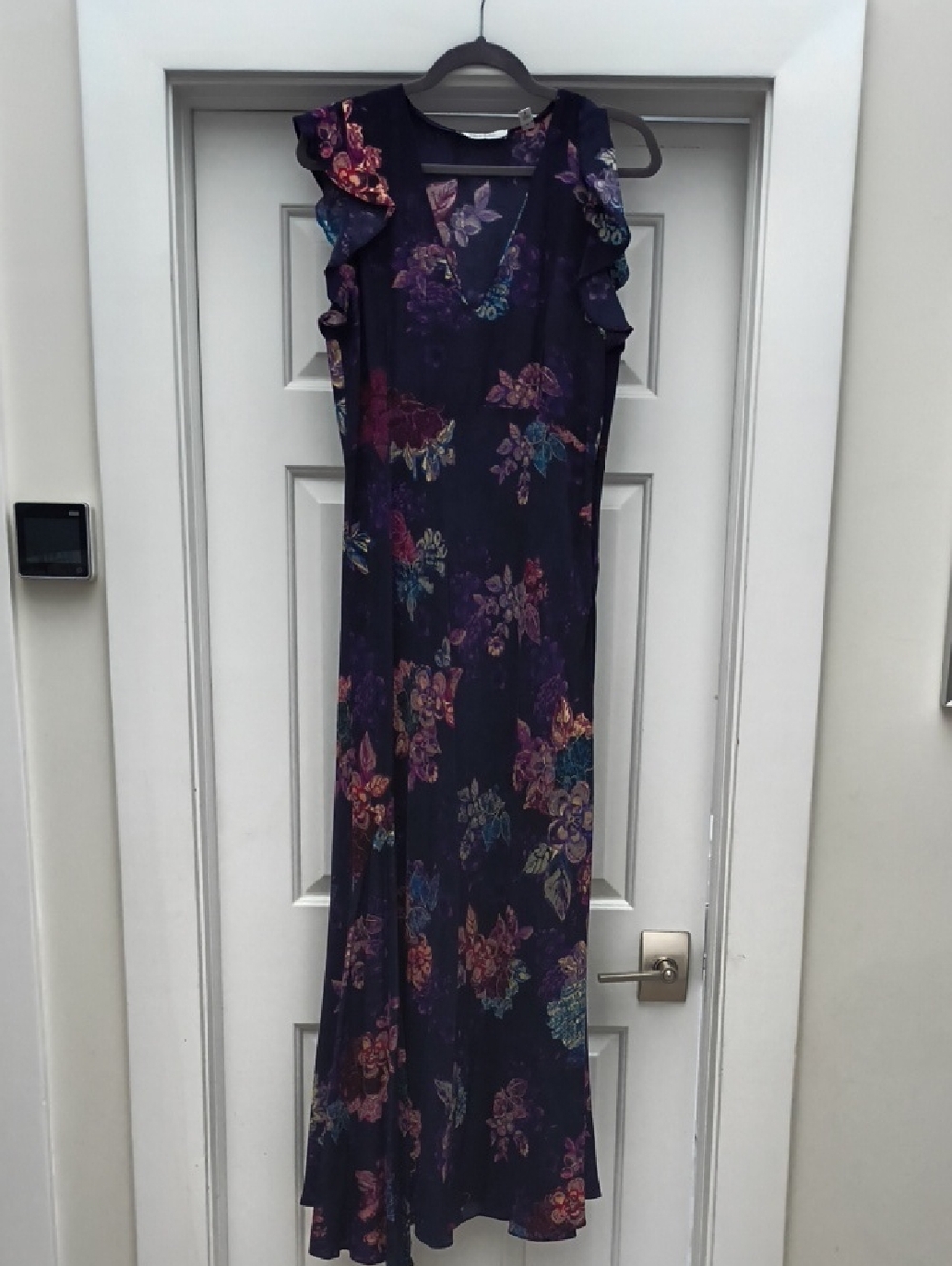 Robert Graham Purple Floral Ruffle-Shoulder Maxi Dress